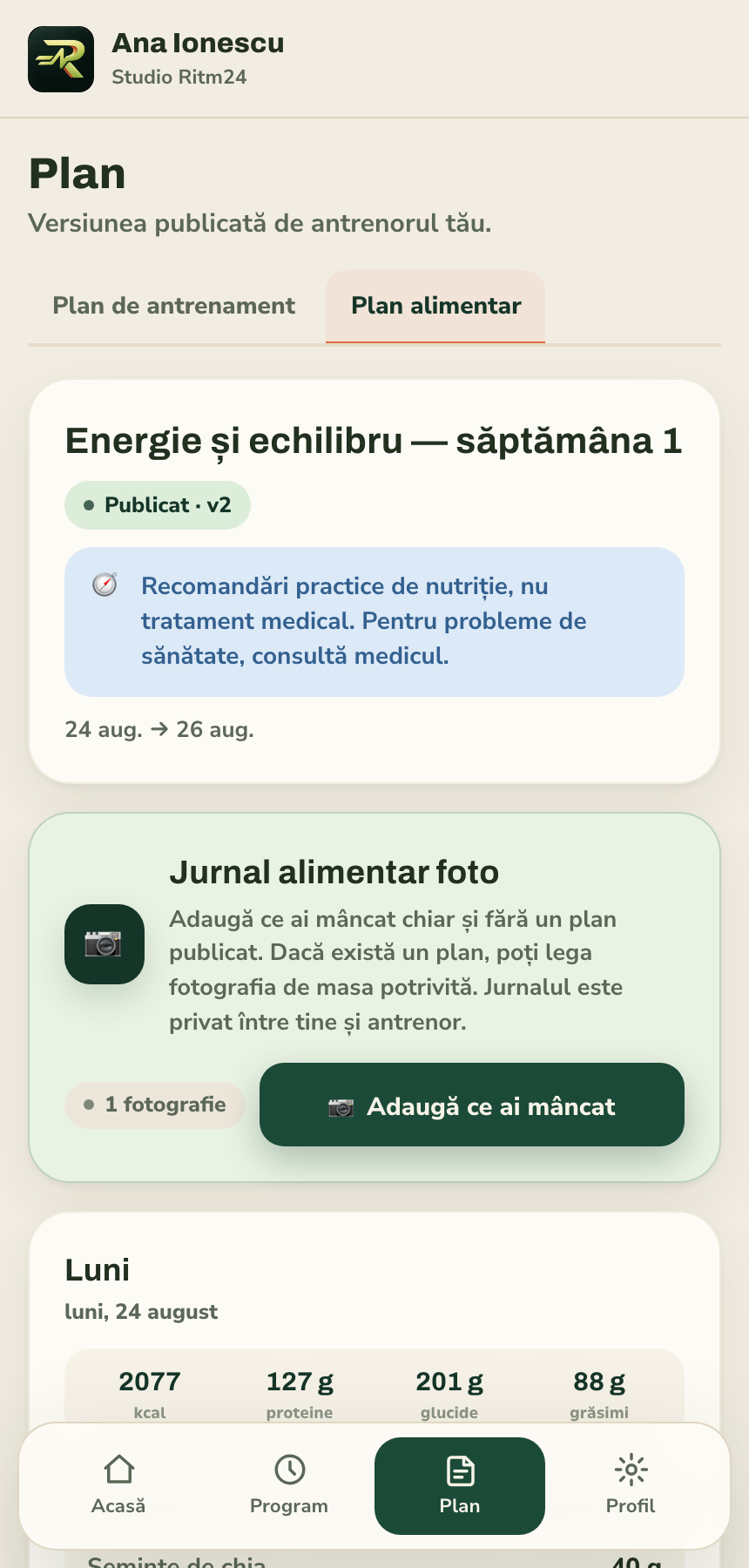 Plan alimentar publicat pe zile în Ritm24 Elev, cu jurnal foto accesibil chiar și fără plan