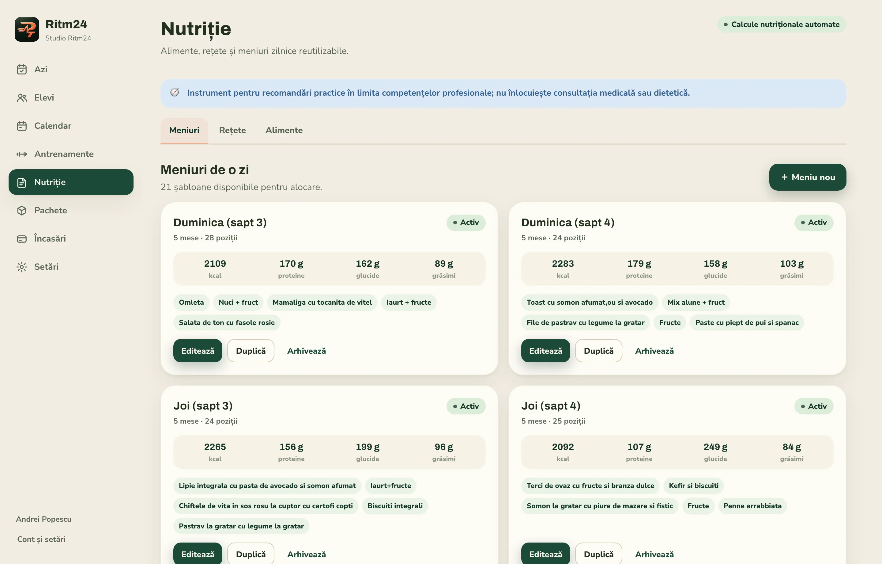 Modulul Nutriție din Ritm24 Antrenor, cu meniuri zilnice, mese și valori nutriționale