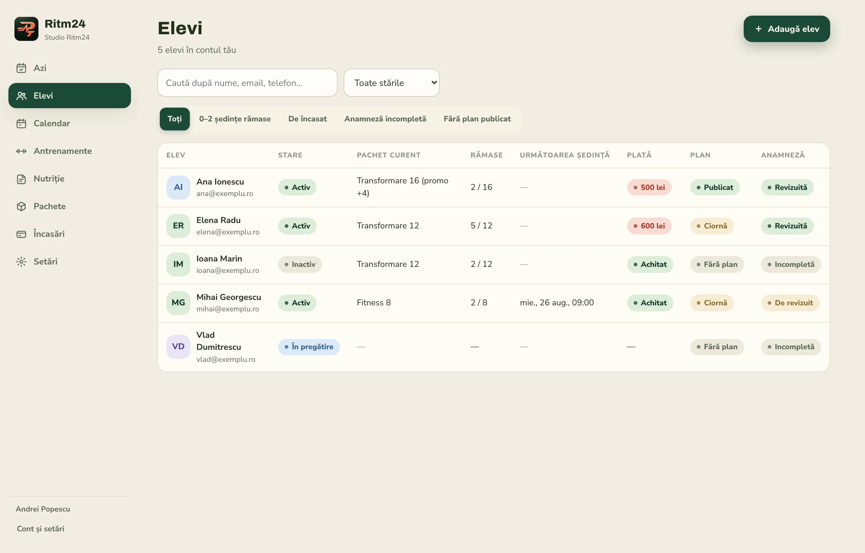 Lista de elevi din Ritm24 Antrenor, cu starea pachetelor, plăților și planurilor